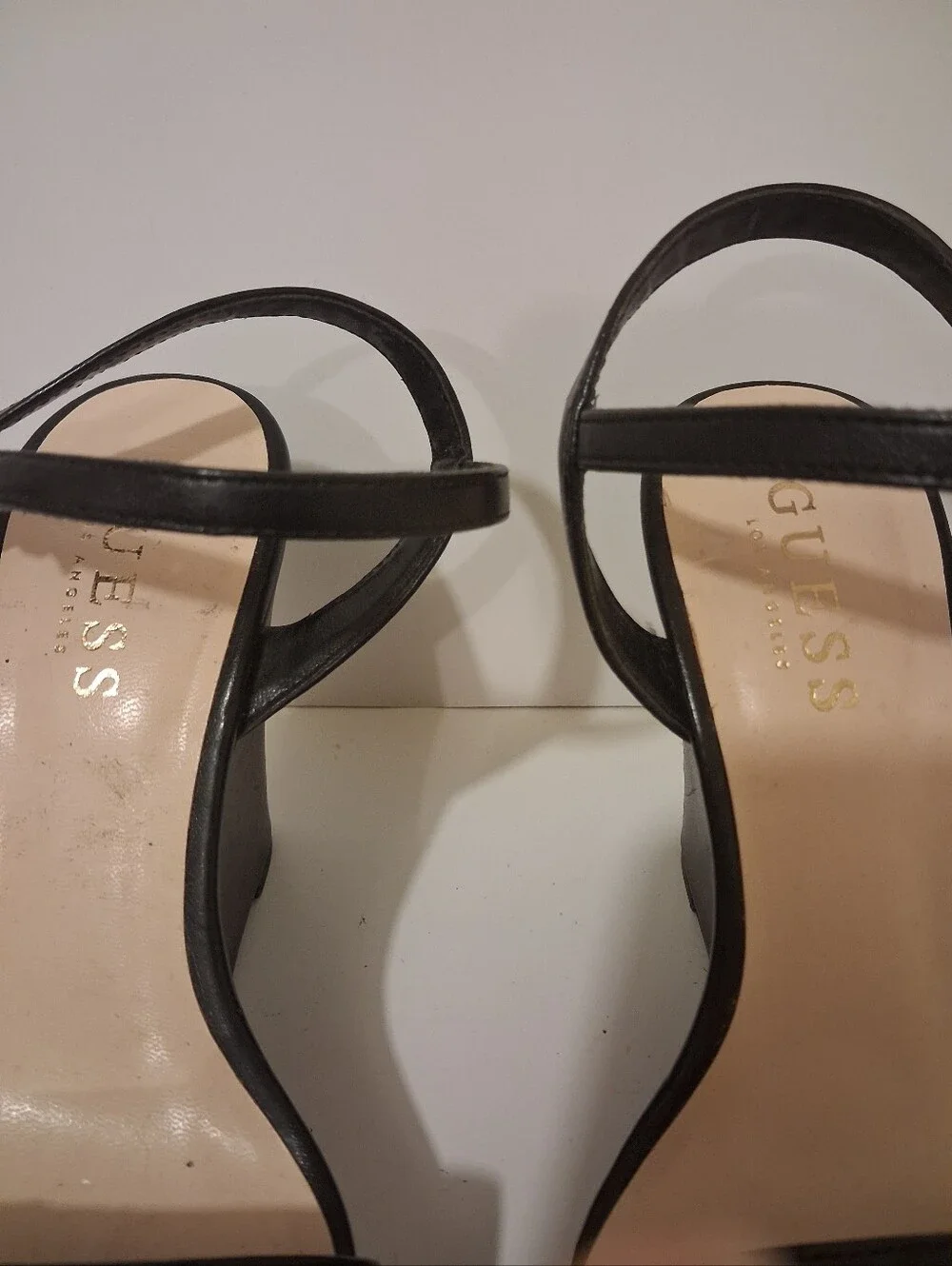GUESS Black Platform Wedge Sandals Women's Size 6 Ankle Strap Gold Logo